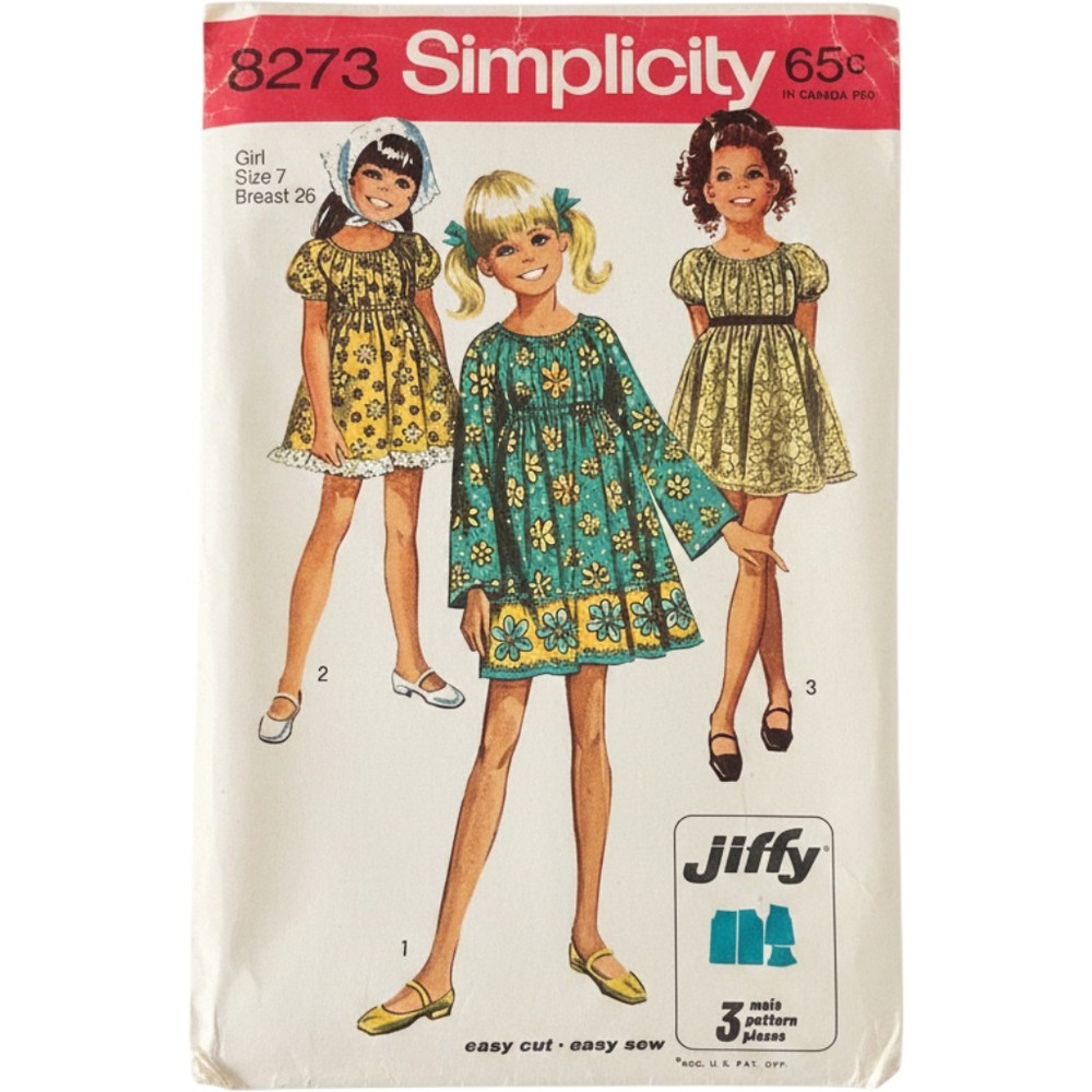 Simplicity 8273 Peasant Dress Pattern Girls Size 7 Vintage 1969 Jiffy Boho Cut
